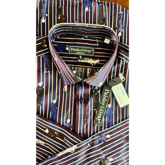 Paisley & Gray Men’s Slim Fit Dress Shirt M Striped Man Print Burgundy Navy NWT - Picture 14 of 14